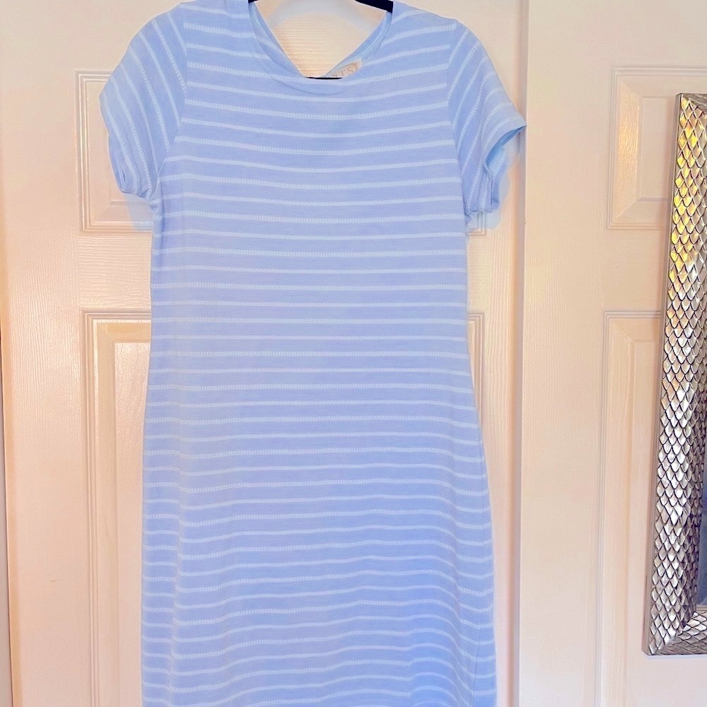 Sail to Sable Light Blue Striped Mini Dress with Crew Neck and Cuffed Sleeves